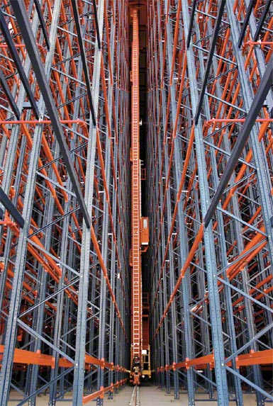 Stacker crane inside a rack-supported structure.