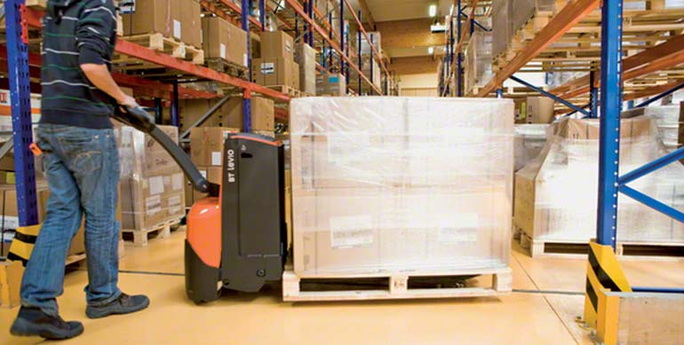 The motors in the electric pallet truck are used to both move and raise the pallet off the floor.
