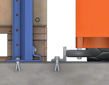 The pallets sit directly on the floor. An “L” shaped rail attached to the floor acts as the guide.