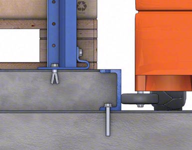 The space between the guides for the aisles is filled with concrete, forming an island on which the racking units sit.