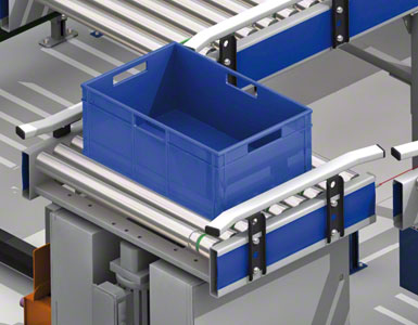 The boxes slide along the roller conveyors.