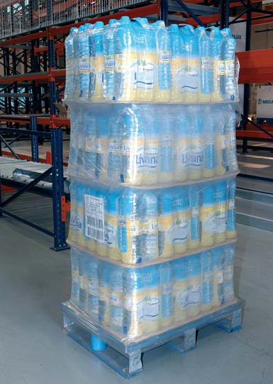 Close up of a pallet loaded with bottled water