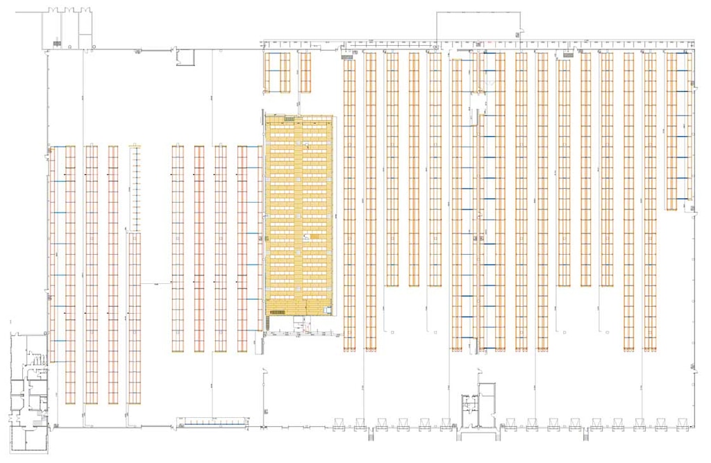 Layout of a zoned warehouse with storage, picking and cantilever racking areas