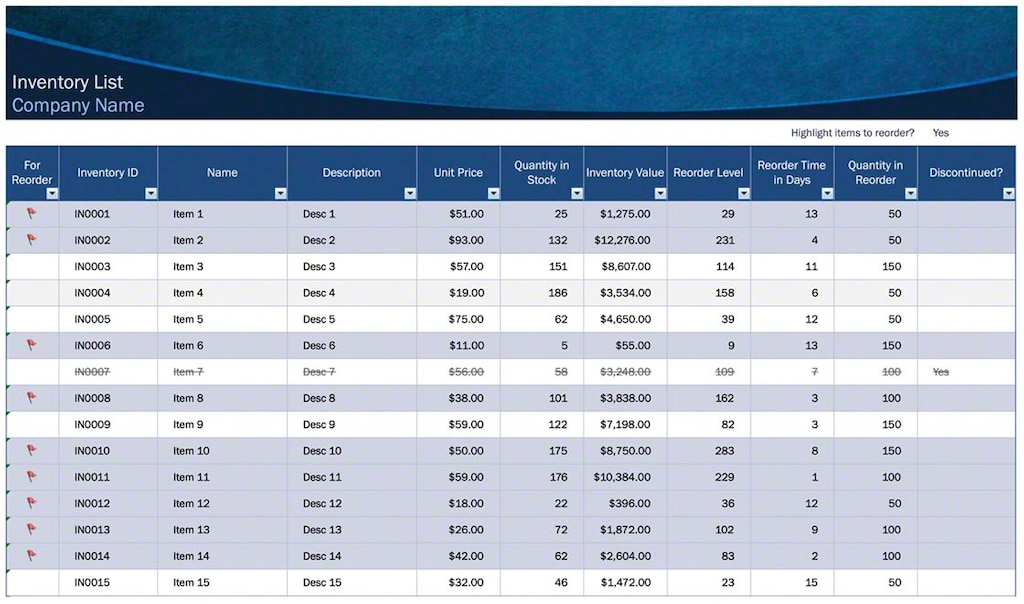 Example of an Excel warehouse inventory template