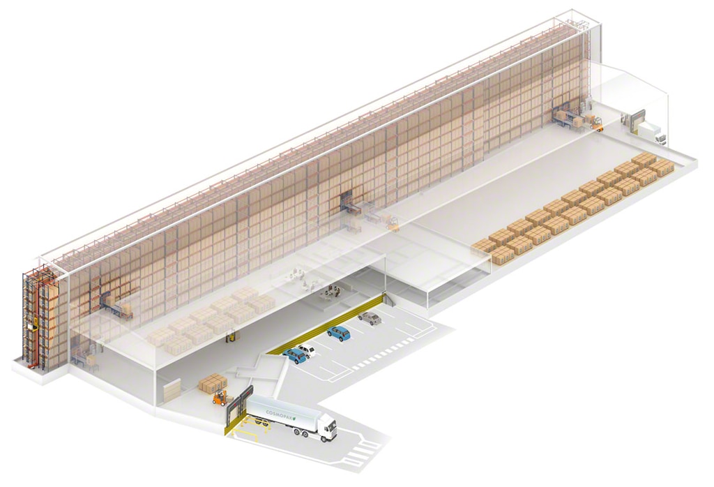 Cosmopak manages extremely varied goods in three unit loads and at two temperatures in a single storage aisle