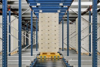 The multi-directional shuttle moves within the racking