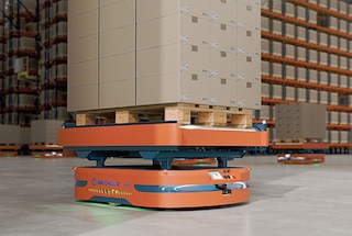 AMR robots transport pallets inside the warehouse