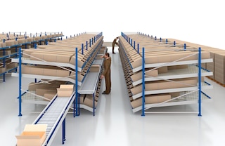 Box conveyors can be integrated with live storage for picking