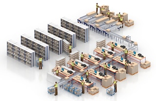 A box roller conveyor automates the flow of goods in warehouses with manual picking shelves