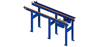 The toothed-belt conveyor for boxes is installed in AS/RSs with side conveyors