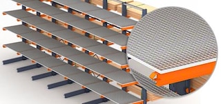 Continuous shelving facilitates the gap-free storage of boxes, packages and pallets on cantilever storage racks Continuous shelving facilitates the gap-free storage of boxes, packages and pallets on cantilever storage racks