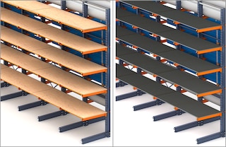 In a cantilever system, continuous shelving can be placed on cantilever rack arms In a cantilever system, continuous shelving can be placed on cantilever rack arms