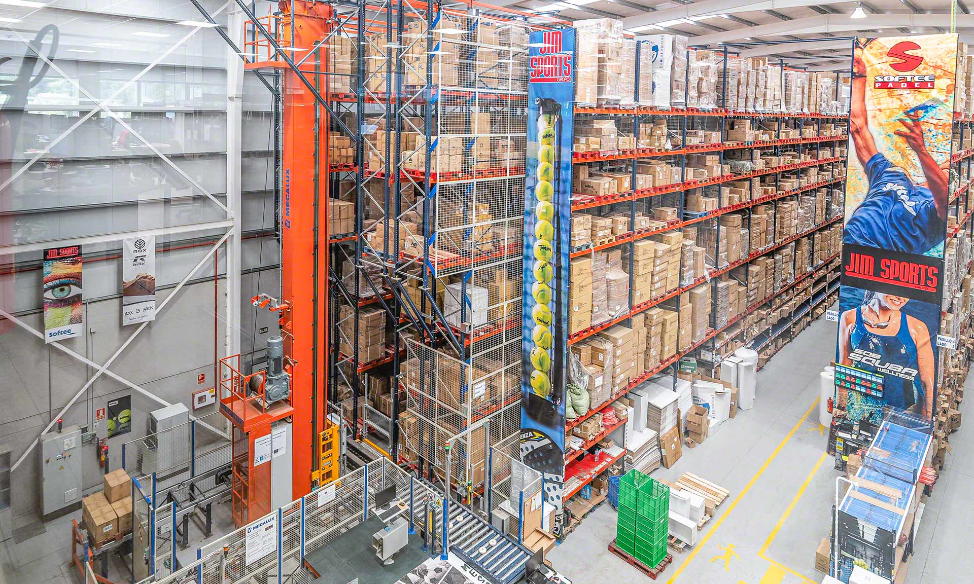 Jim Sports’ facility and its automated aisle with a pallet stacker crane