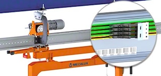 Overhead rails are installed on the warehouse ceiling or another elevated structure Overhead rails are installed on the warehouse ceiling or another elevated structure