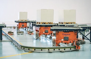 The electrified monorail system automates the internal flow of pallets