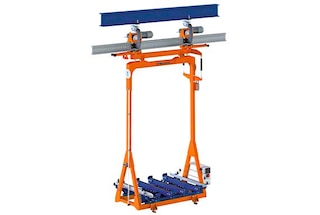 In an overhead trolley conveyor system, trolleys move along a ceiling-mounted rail