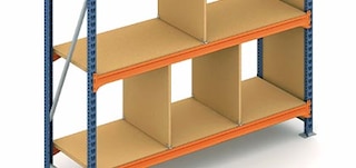 Chipboard shelf dividers are attached with top and bottom clamps