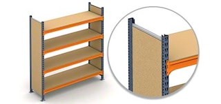 Chipboard side panels provide the racking with an attractive finish Chipboard side panels provide the racking with an attractive finish