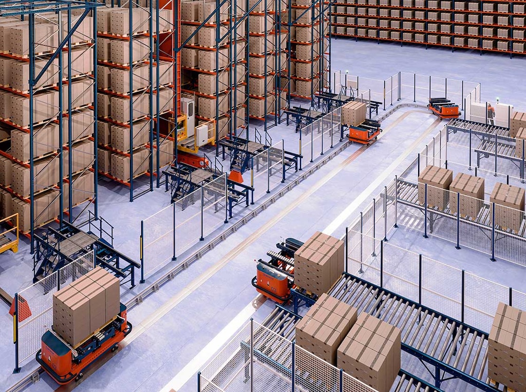 Floor-mounted electric monorail carriers operate independently yet remain interconnected