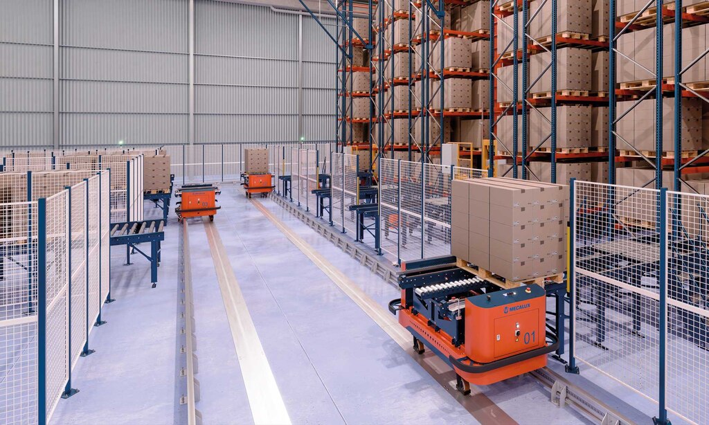 Mecalux’s floor-mounted electric monorail system operates on an electrified rail embedded in the floor