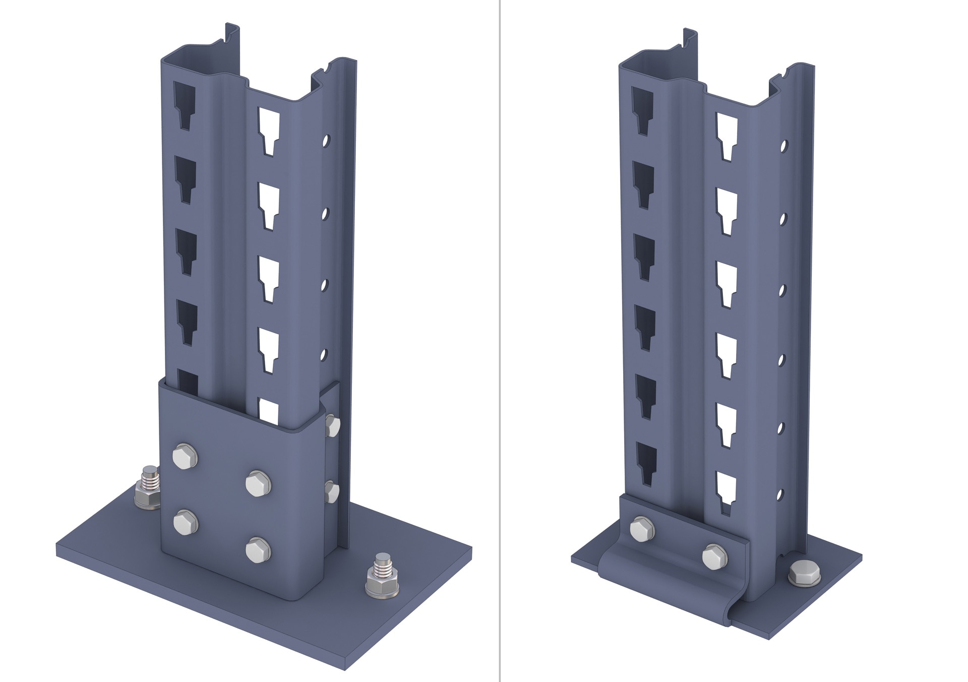 Upright footplates of the racks have side protectors to avoid damage to the structure