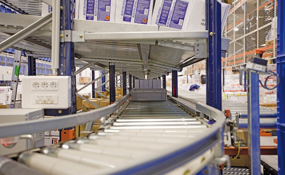 The automatic conveyor passes through the inside of the racks, between levels one and two