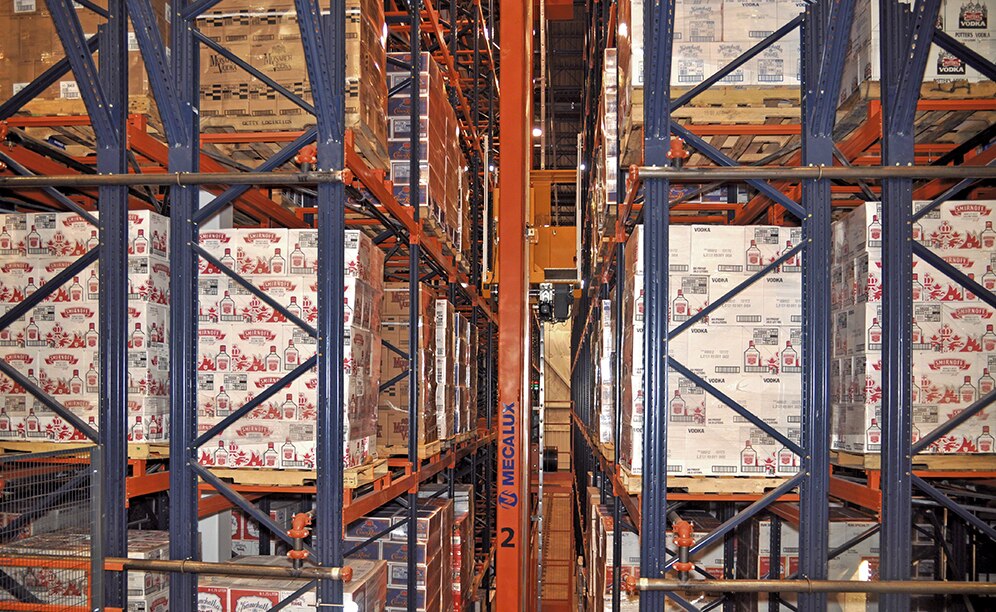 Servicing each lane of the system is a high-speed, double-mast, double-deep stacker crane