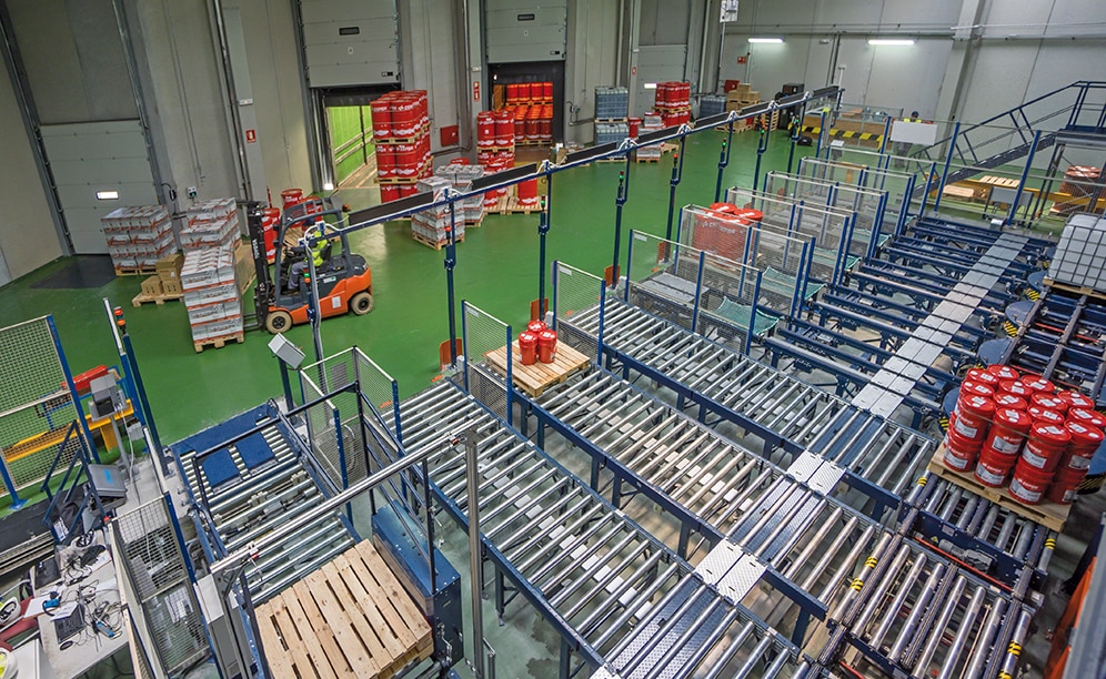 A conveyor circuit connects the warehouse with the inflow and outflow conveyors of the loading docks